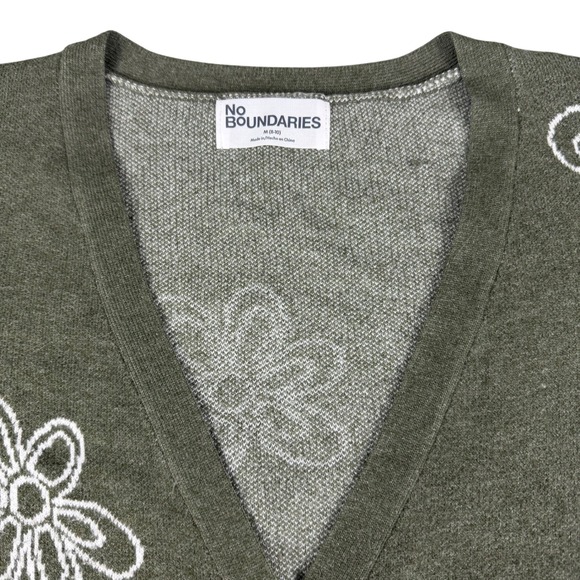 No Boundaries Women's Green Floral Knit V Neck Button-Up‎ Cardigan Y2K Boho Soft - Picture 5 of 10